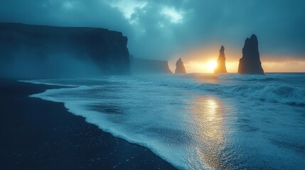 Dramatic sunrise over black sand beach with dramatic cliffs