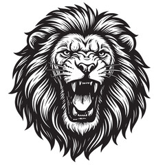 Obraz premium Black and white vector illustration of a roaring lion head in detailed line art.