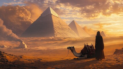 Mystical panorama showcasing the majestic pyramids of Giza at golden sunrise