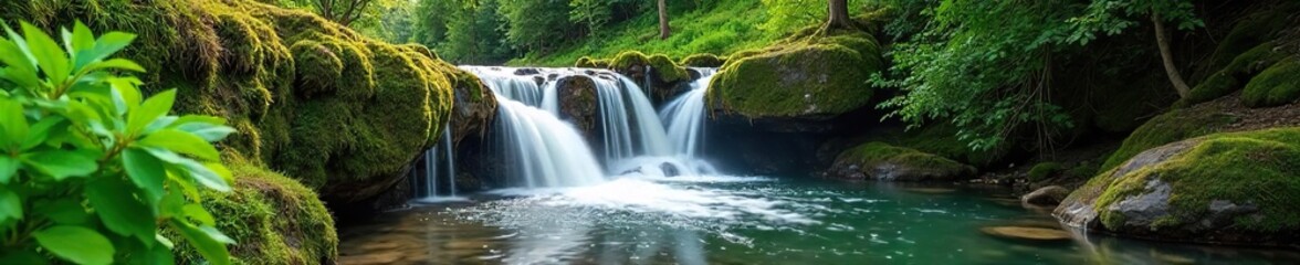 Fototapeta premium Springtime waterfall cascading over mossy rocks, sunlight dappling the lush green foliage Fresh, vibrant, and full of life, perfect for nature and travel themes , forest, plants