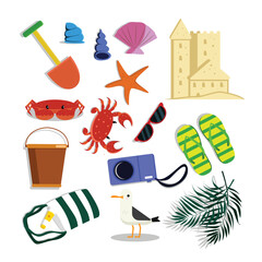Flat cartoon vector of summer holiday elements: crab, sandcastle, camera, seagull, flip-flops.