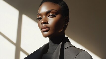 Close-up portrait of a dark-skinned woman with short hair, wearing a dark turtleneck and jacket, illuminated by sunlight streaming through a window, casting dramatic shadows on her face and shoulders