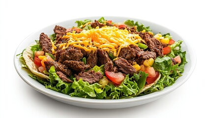 A vibrant salad featuring seasoned steak, corn, tomatoes, shredded cheese, and lettuce, served on a bed of crisp tortilla chips in a white bowl