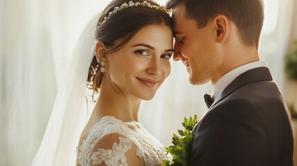 A smiling bride in a lace gown and veil, forehead touching her groom in a dark suit, near a bright window