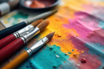 Obraz premium Close-up of paintbrushes, tubes of vibrant acrylic paints, and a palette knife on a textured canvas, ready for artistic creation , imagination, oil paint, canvas