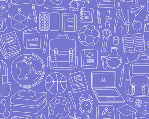Obraz na płótnie Canvas Seamless pattern, white doodle outline illustrations of school supplies, blue background. Globe, backpack, book, watch, pencil, laptop, ball, palette.
