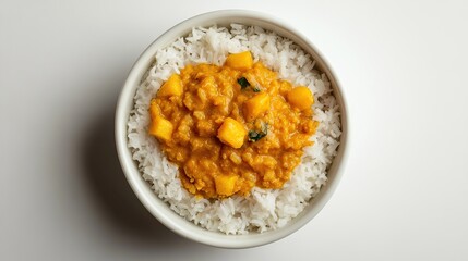 Overhead shot of a bowl of fluffy white rice topped with a vibrant, golden-yellow lentil curry featuring diced mango and fresh herbs