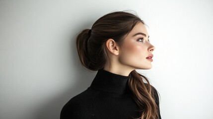 Profile view of a young woman with light brown hair styled in a high ponytail, wearing a black turtleneck sweater against a white background, her gaze directed upward and to the right