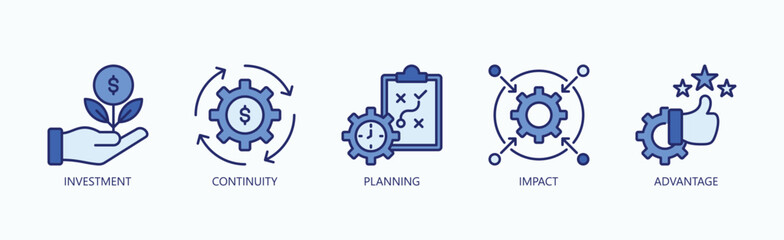 Strategic Edge Icon Set Isolated Vector With Icon Of Investment, Continuity, Planning, Impact, Advantage In Blue Style