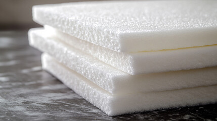 Neatly stacked white styrofoam sheets, ready for packaging or insulation use. Lightweight industrial material, displayed in clean rows with caption space on the side for commercial presentation.

