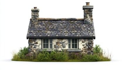 A quaint, rustic stone cottage with a grey slate roof, two stone chimneys, and small windows, nestled amidst low-lying greenery against a stark white backdrop
