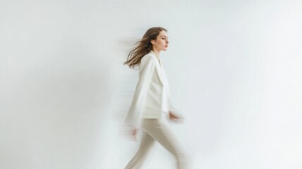 A woman in a white pantsuit strides purposefully against a stark white backdrop, her hair flowing dynamically, creating a sense of motion blur