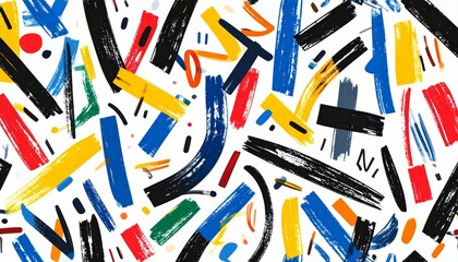 A vibrant, abstract composition featuring bold, multicolored brushstrokes in black, yellow, blue, red, and green, dynamically arranged against a white background creating a lively and energetic
