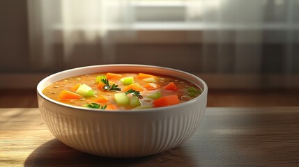 A hearty vegetable soup, vibrant orange-toned broth, featuring diced carrots, celery, and lentils, sits in a white ribbed bowl on a wood table, bathed in sunlight from a nearby window
