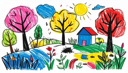 A vibrant child's crayon drawing depicts a whimsical landscape featuring colorful trees, a small blue house with a red roof, a bright yellow sun, and a variety of flowers and plants.  The scene is
