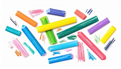 A vibrant array of colorful chalk sticks scattered on a white background, with strokes of color adding to the artistic scene.  The image evokes a sense of creativity and playful