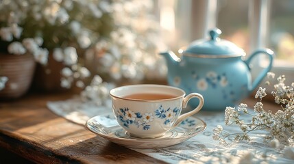 Fototapeta premium Cozy teacup and teapot on windowsill, floral design