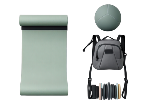 Sage green yoga mat, ball, backpack, and accessories