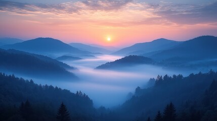 Misty mountain sunrise, serene landscape