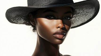 Close-up portrait of a dark-skinned woman with a wide-brimmed black hat casting dramatic shadows on her face against a bright white backdrop.  Her expression is serious and her makeup is minimal
