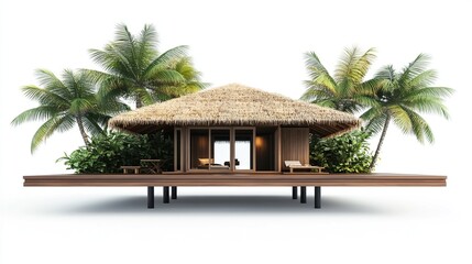 Overwater bungalow with thatched roof,  wooden deck, and lush tropical vegetation, isolated on white background.  Interior dimly lit, showing furniture