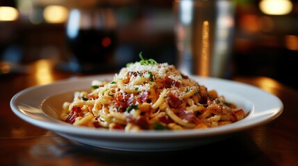 Creamy pasta dish, generously topped with cheese and herbs, served on a wide white plate, sits on a wooden table.  A blurry background suggests a restaurant setting
