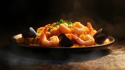 Steaming seafood paella on a dark plate, showcasing large shrimp, mussels, and saffron-infused rice, set against a moody, textured background