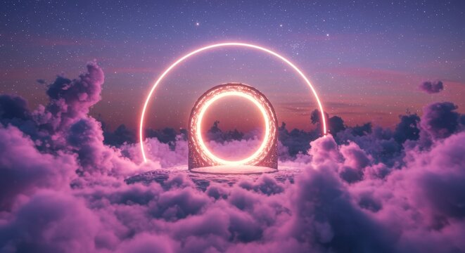 Ethereal portal emerging from vibrant clouds at sunset, creating a mystical atmosphere above