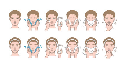 Fototapeta premium Attractive man character who washes his face. Male portrait cleansing face.