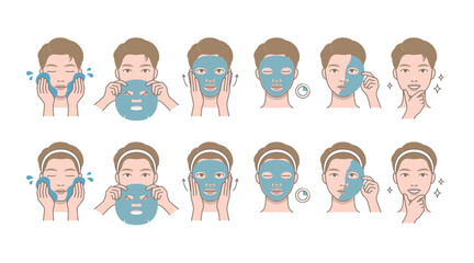 Fototapeta premium Cosmetic skin care routine_Attractive man using face pack, sheet mask. Male portrait grooming.