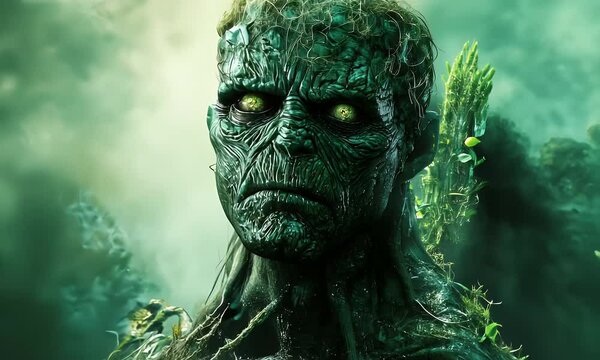 Menacing Swamp Creature with Glowing Eyes Green Foliage and a Misty Forest Background in the Pale Sunlight