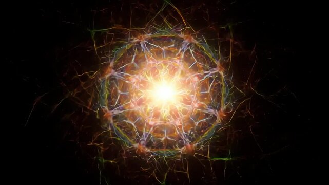 Bright shining light radiating colorful lines in abstract geometric pattern. Spiritual aura and energy field visualization of sacred geometry.