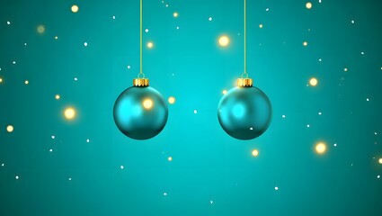Two teal christmas ornaments on a teal background with bokeh lights