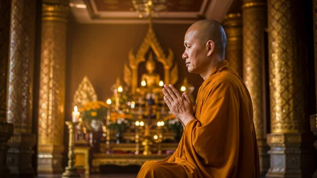 Asian man meditating inside temple. Monk praying in front of Buddha statue. Spirituality and religious devotion concept. Thailand footage.