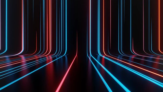 Futuristic neon light trails flowing in a seamless motion. Colored bright lines fall down.