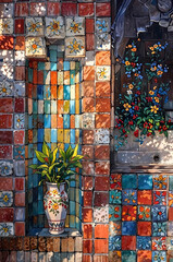 impressionist painting of vase of flowers in small exterior multicolored tile wall