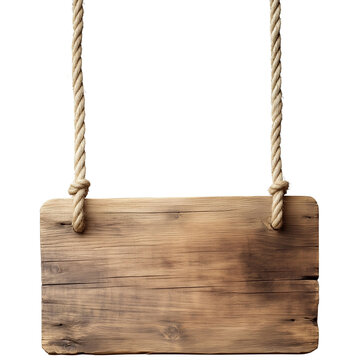 Uma placa feita com t&aacute;bua  de madeira r&uacute;stica amarrada a cordas e pendurada