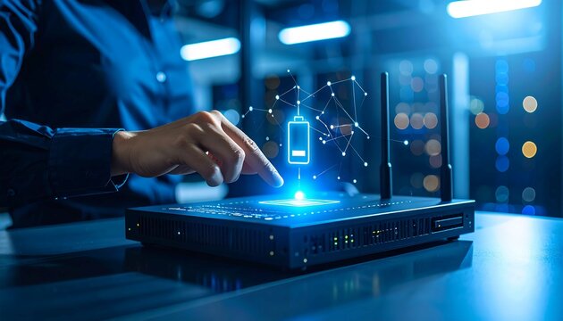 IT operator in network room managing router setup with hand detail in frame