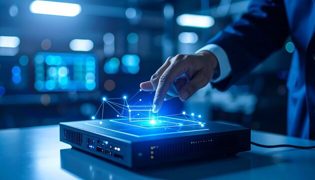 Network engineer configuring router inside operations room with focus on hand and equipment