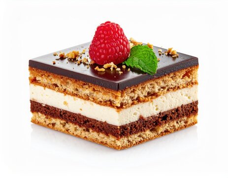 Delicious layered dessert cake with chocolate glaze, creamy filling, fresh raspberry and mint garnish, and crunchy nut topping on white background