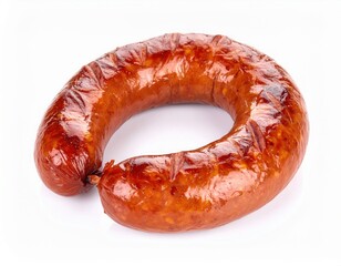 Close-up of cooked sausage coil with shiny reddish-brown skin on plain white background, detailed and high resolution for food photography culinary presentation