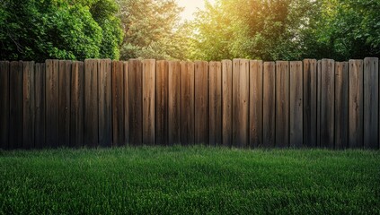 Tranquil Backyard Oasis, Wooden Fence, Green Grass, and Lush Foliage