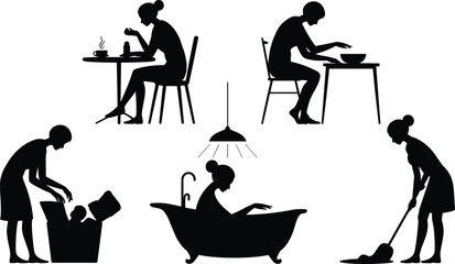 Silhouette of women doing daily tasks, drinking coffee, eating, mopping, bathing, organizing laundry, peaceful home lifestyle, quiet routine moment flat vector illustration