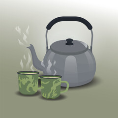 Kettle with two cups of warm water illustration