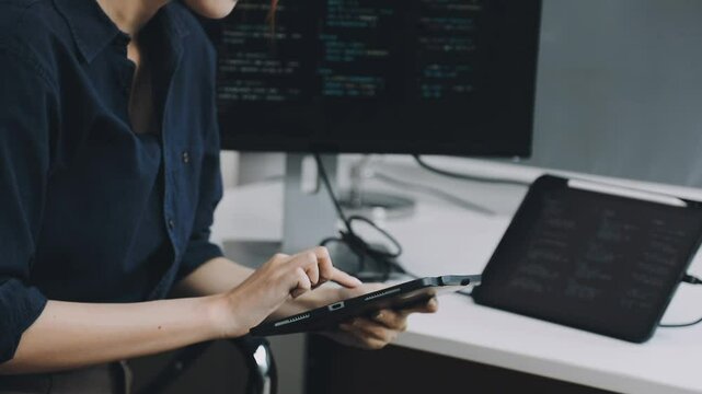 Two asian team working development of programming and encryption technology website design programmers on desk in office