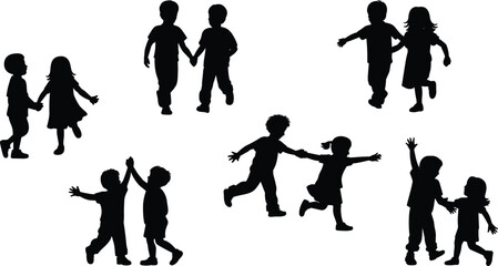 Silhouette of happy children playing, running, dancing, and holding hands outdoors, joyful kids activity scene, fun childhood moments illustration flat vector illustration