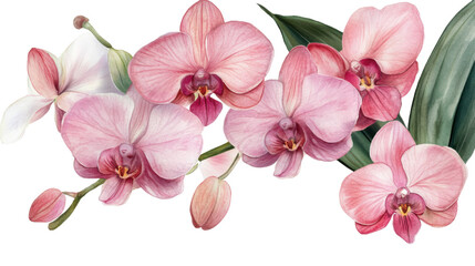 Pink watercolor orchids with delicate petals soft floral details and artistic botanical style isolated on white background