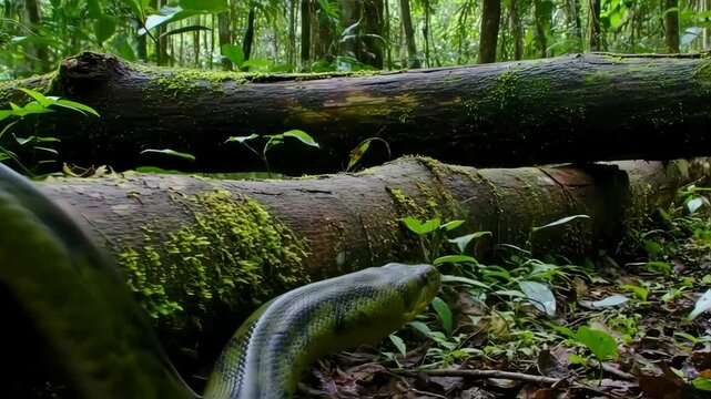 Anaconda is moving in the tree branch in the forest natural wild life