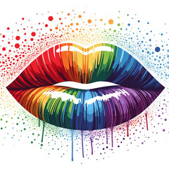 Colorful rainbow lips illustration with paint splatter and glossy texture on white background