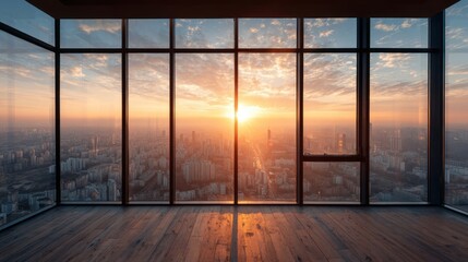 Fototapeta premium city view from large window at sunset.